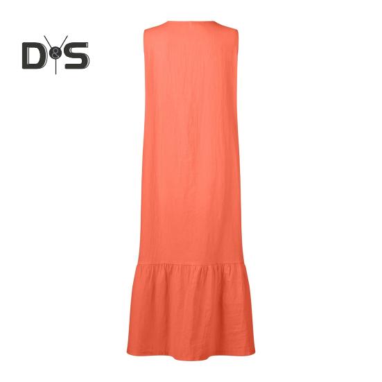 Летнее платье с V-образным вырезом, без рукавов, на пуговицах, свободное А-силуэтное плиссированное платье миди с карманами, однотонное пляжное платье