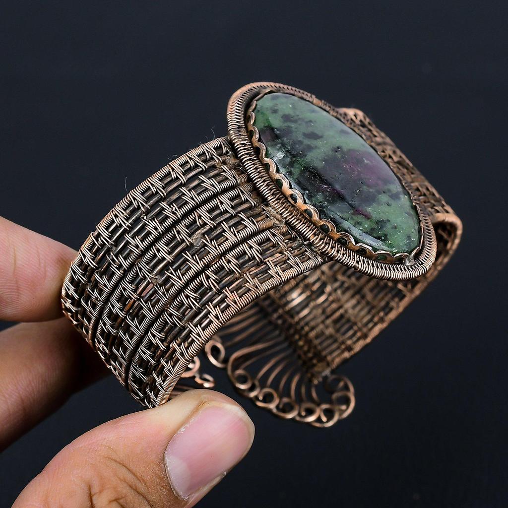 Ruby Zoisite Gemstone Pure Copper Wire Wrapped Handmade Cuff/ Bangle Jewelry For Gift
