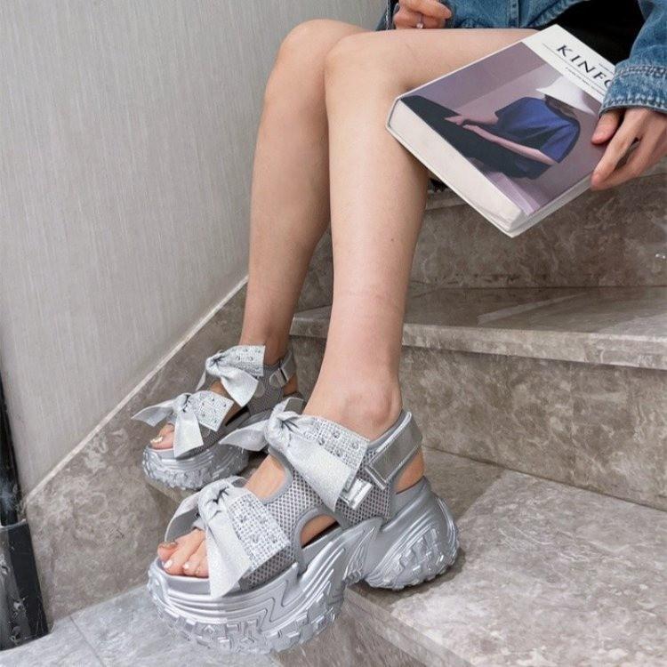 Роскошные летние новые толстые подошвы на высоком каблуке повседневные сандалии женские Bow Water Diamond модные универсальные женские спортивные сандалии