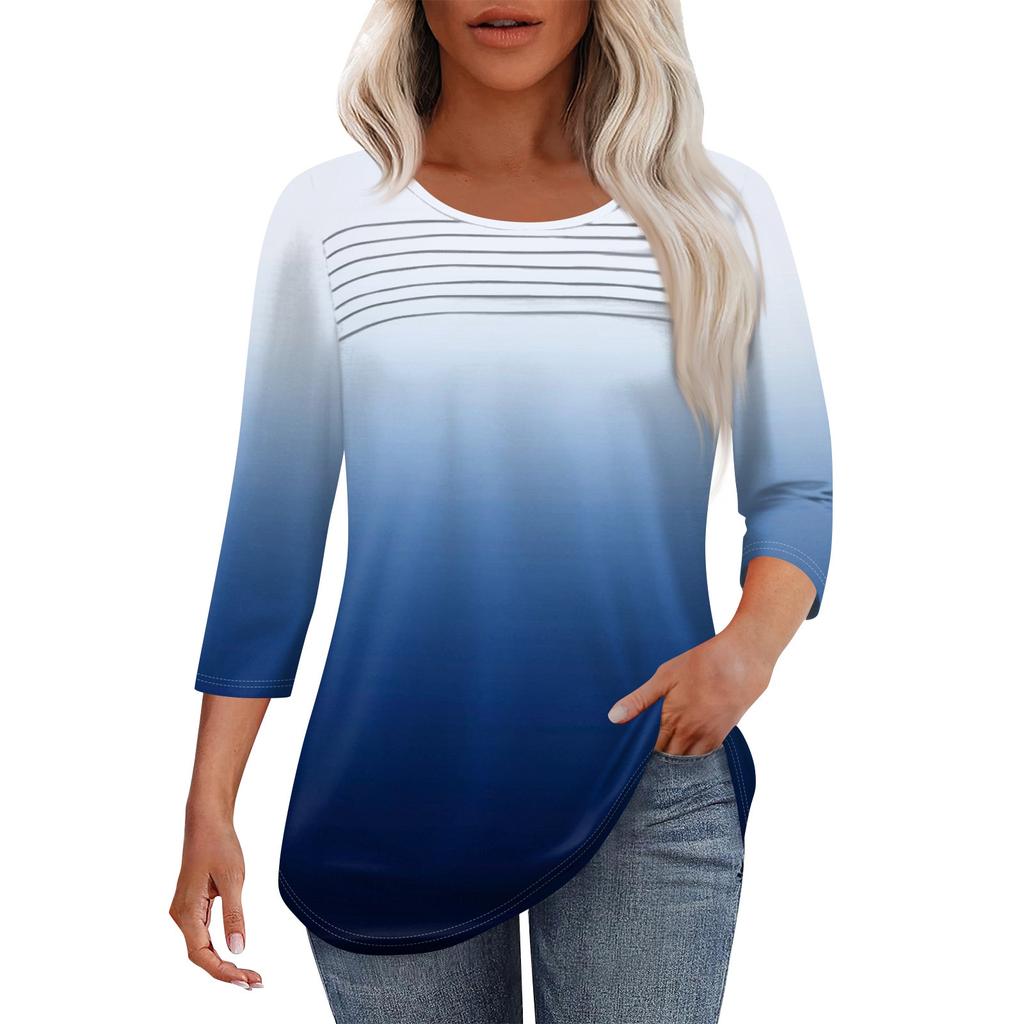 Женская мода круглый вырез шея плиссированная передняя планка однотонный топ рукав 3/4