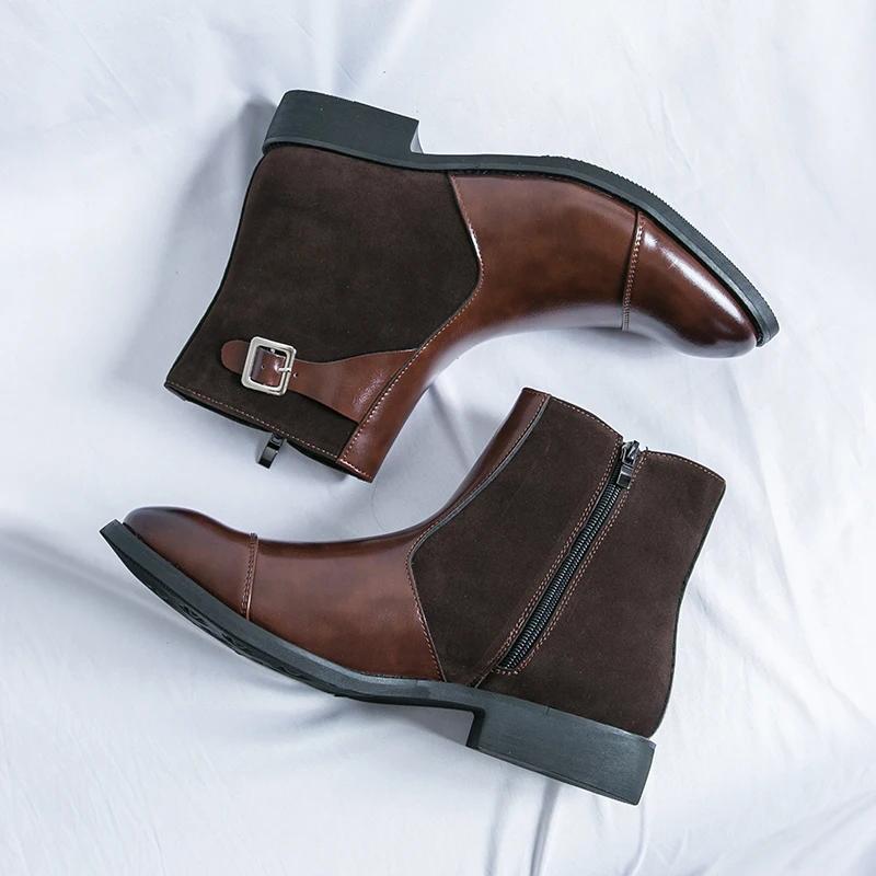 New Fashion Genuine Leather Chelsea Boots Handmade Man Pointed Dress Boots Slip On Mens Casual Shoes Side Zipper Men Ankle Boots