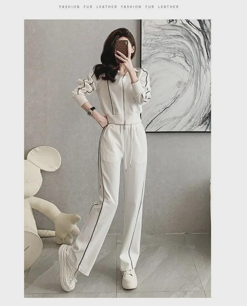 Американский стиль, модный женский приталенный пиджак на молнии и широкие брюки, костюм из двух предметов для осени и зимы