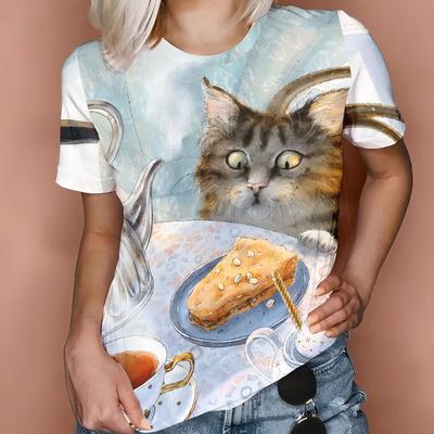 Большие размеры XL-7XL Футболки с цифровым 3D-принтом серии Animal, мужские и женские футболки с короткими рукавами, топ с круглым вырезом и милым котом