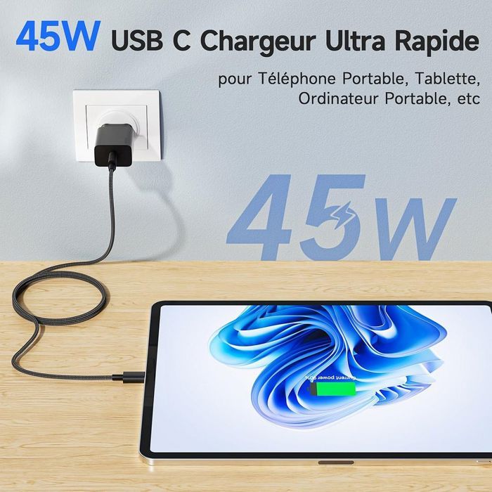Chargeur Rapide 45W - Noir - Câble USB-C 1M - Compatible Samsung A16 A17 A36 A56 A57 S26 S25 S22 S23