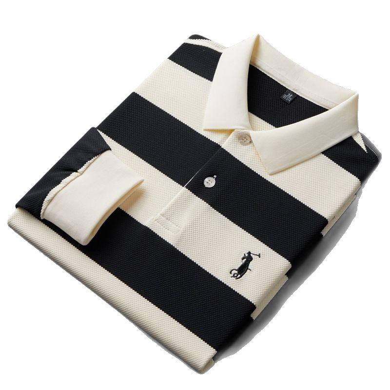 Черно-белая широкая полосатая рубашка поло с длинными рукавами, мужская деловая повседневная вышитая футболка