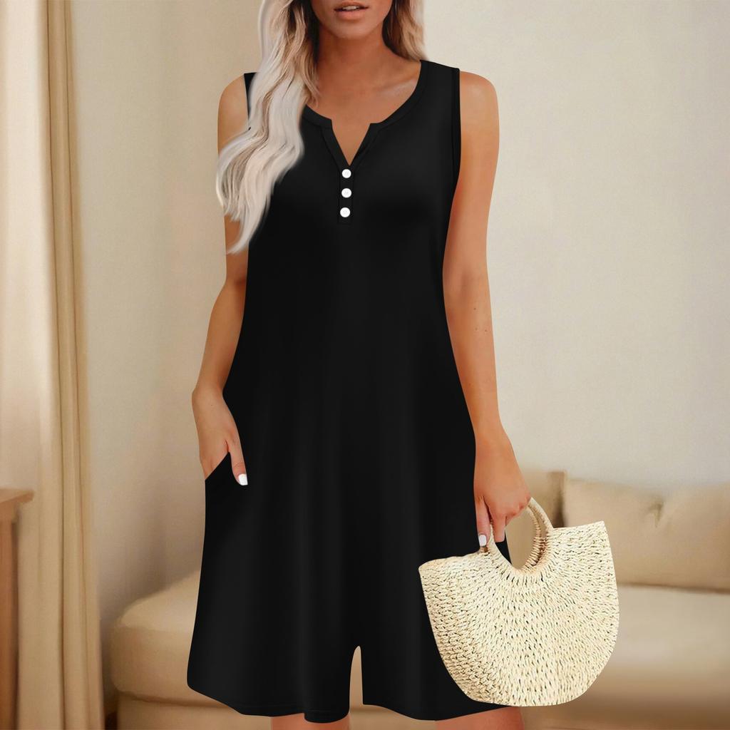 Women's Fashionable And Casual Sleeveless Button-pocket One-piece Shorts