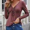 Women's Casual Fashion Solid Color Long Sleeve V-Neck Drawstring Top