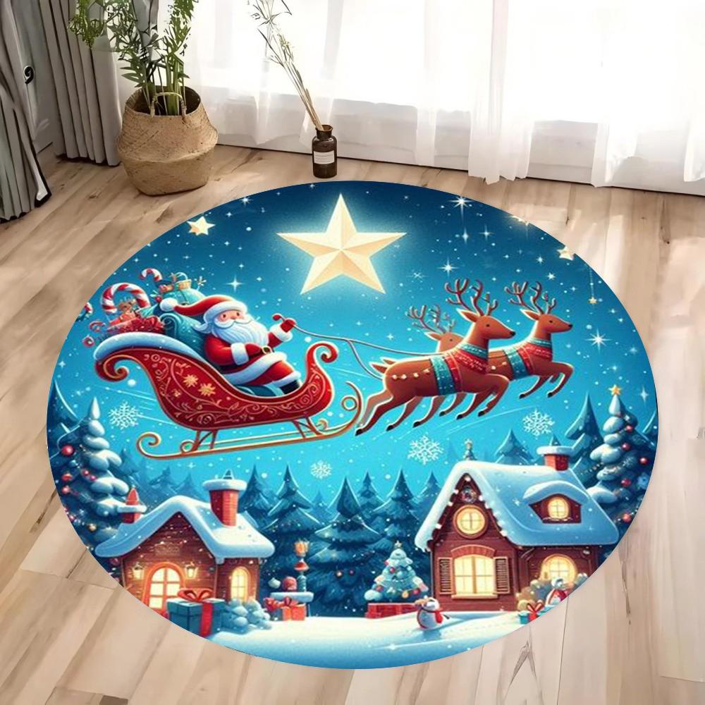 Christmas Gnome and Reindeer Circular Carpet Living Room Bedroom Mat Festive Atmosphere Decorated Christmas Tree Home Rug