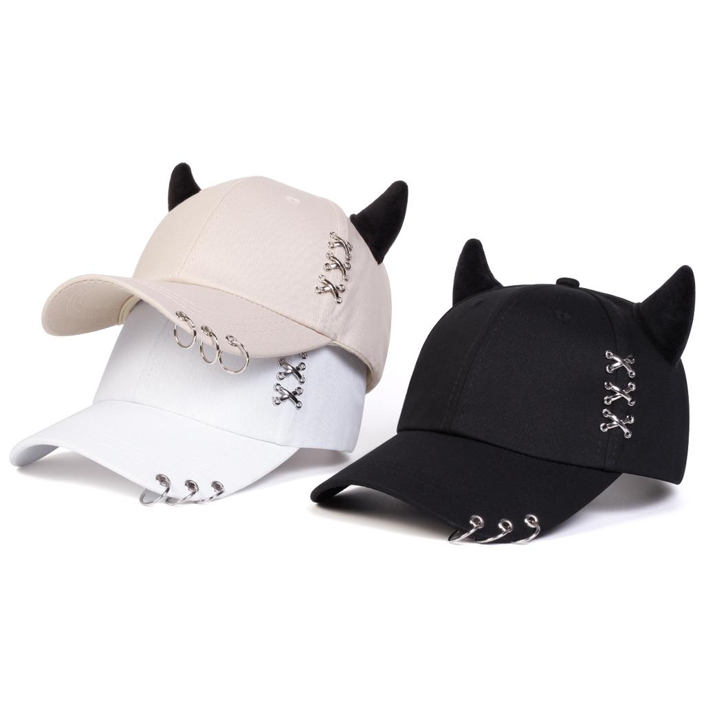 Trendy Unisex Baseball Hat with Iron Ring and Cute Cow Horn Decoration Adjustable Hip Hop Cap for Outdoor Travel