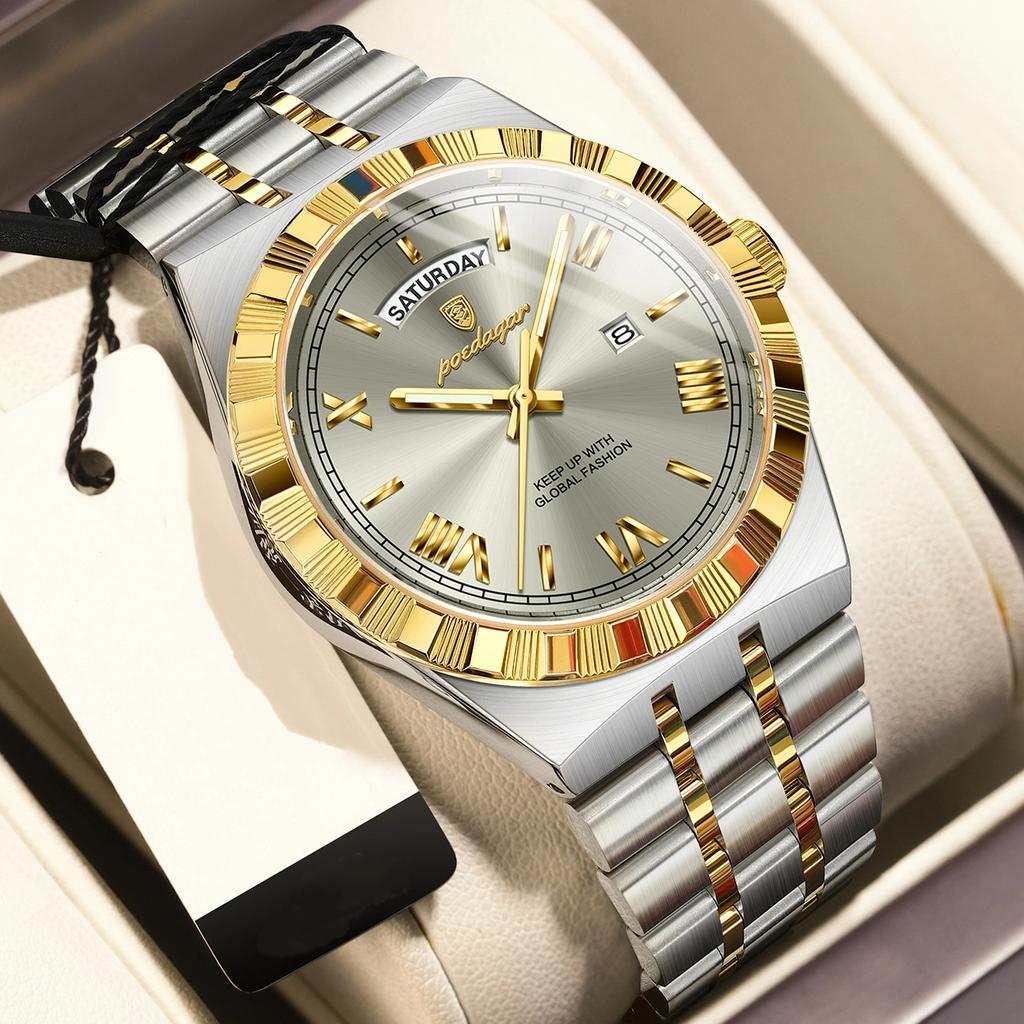 POEDAGAR Business Male Watch Luminous Waterproof Stainless Steel Men Wristwatch Week Date Quartz Fashion Men's Watches