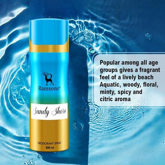 Ramsons - SANDY SHORE Deodorant Spray | 200 ML | Body Perfume For Women | TN - Mint, Mandarin Orange, Lemon | MN - Sea Grass, Ginger| BN - Musk