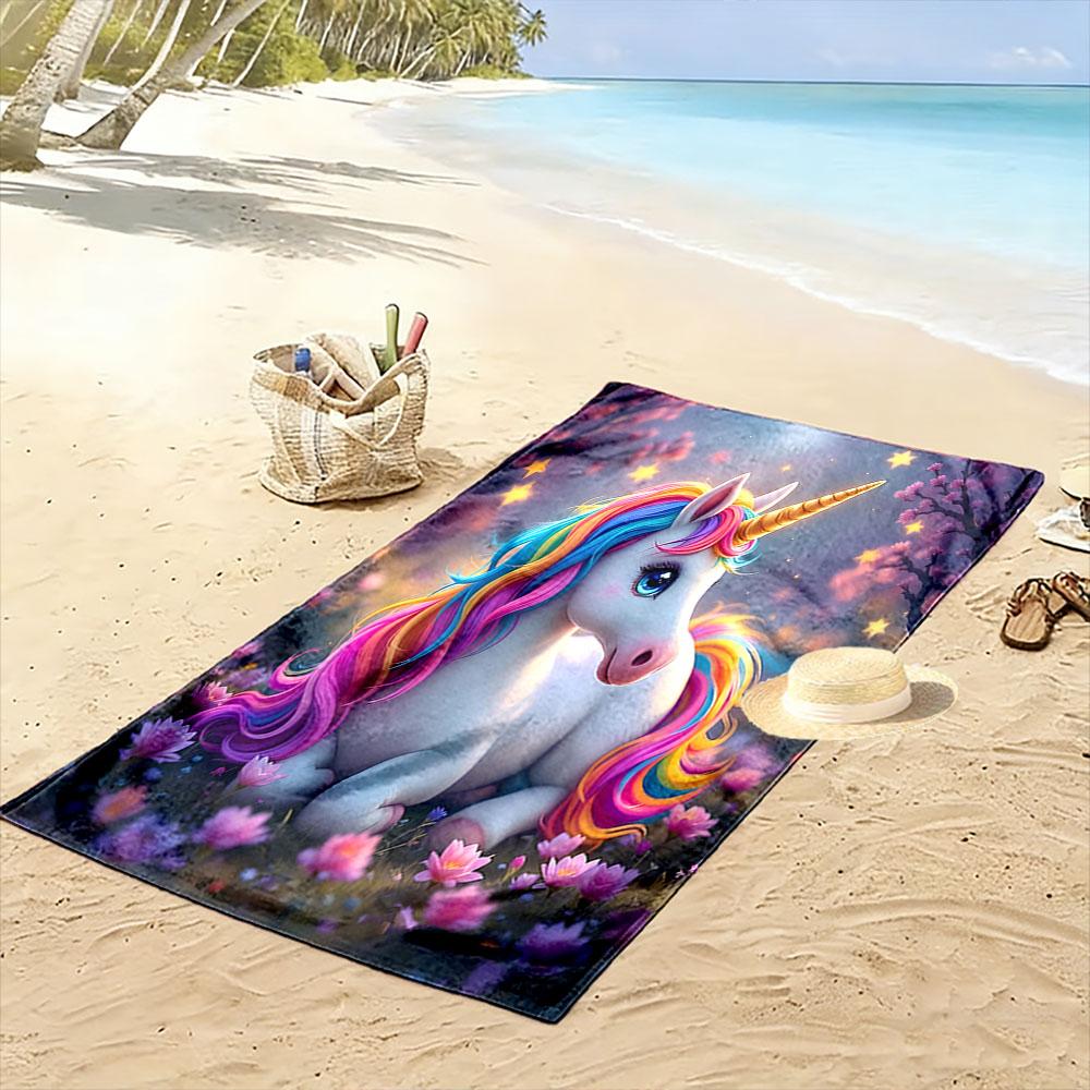 "Rainbow Unicorn in Enchanted Forest" Patterned beach towel quick dry perfect for travel outdoor sports jogging the beach and swimming