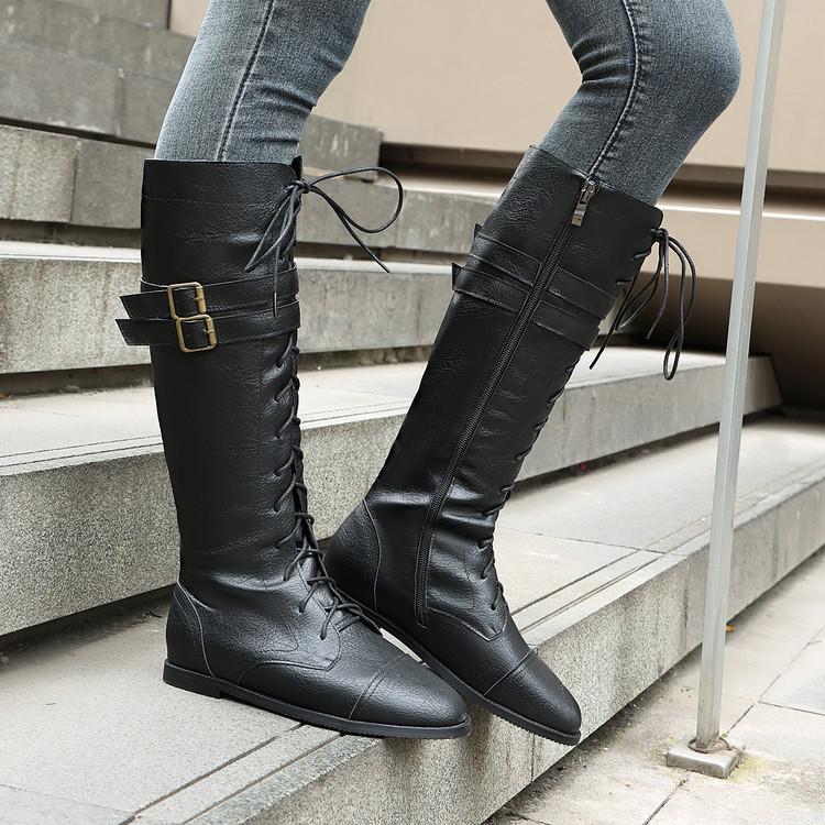 Western cowboy boots European and American belt buckle low heel flat bottom strap high boots fashion boots