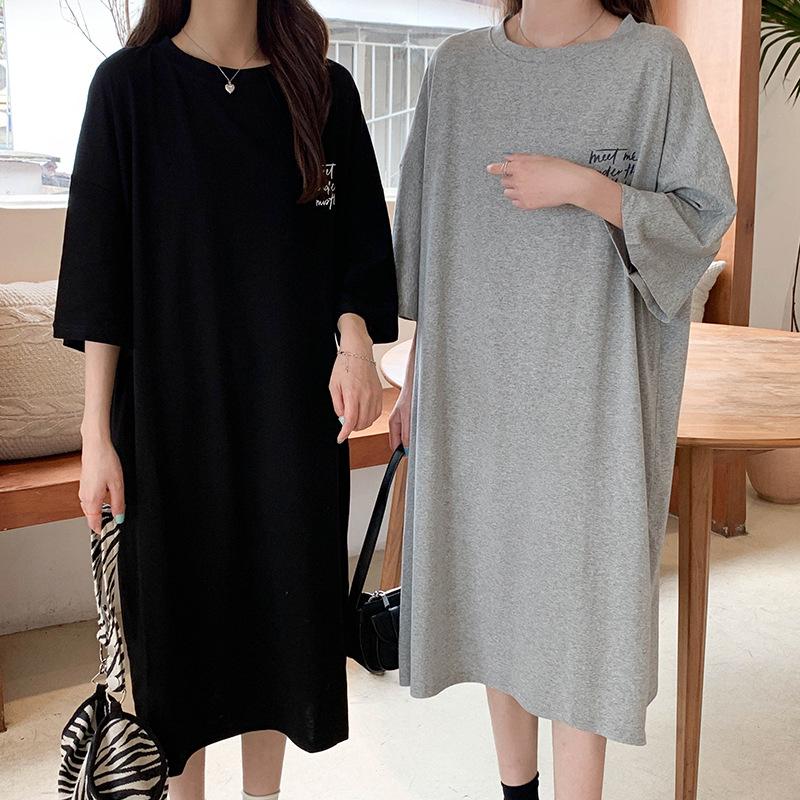 Женское платье-футболка с короткими рукавами, летнее, длина выше колена, большой размер, уменьшающее живот, облегающее платье для показа возраста