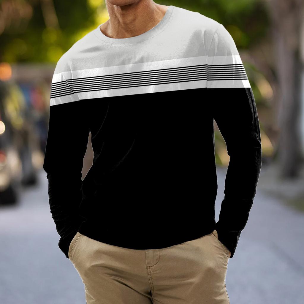 Мужская мода повседневные рубашки с круглым вырезом и длинными рукавами с принтом в полоску, топы, блузки