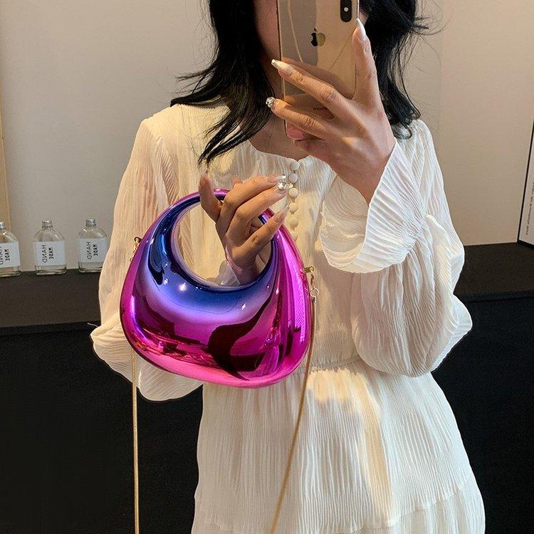 New mini gold evening handbag PVC metallic luster half-moon party women's bag small and versatile round handle messenger bag