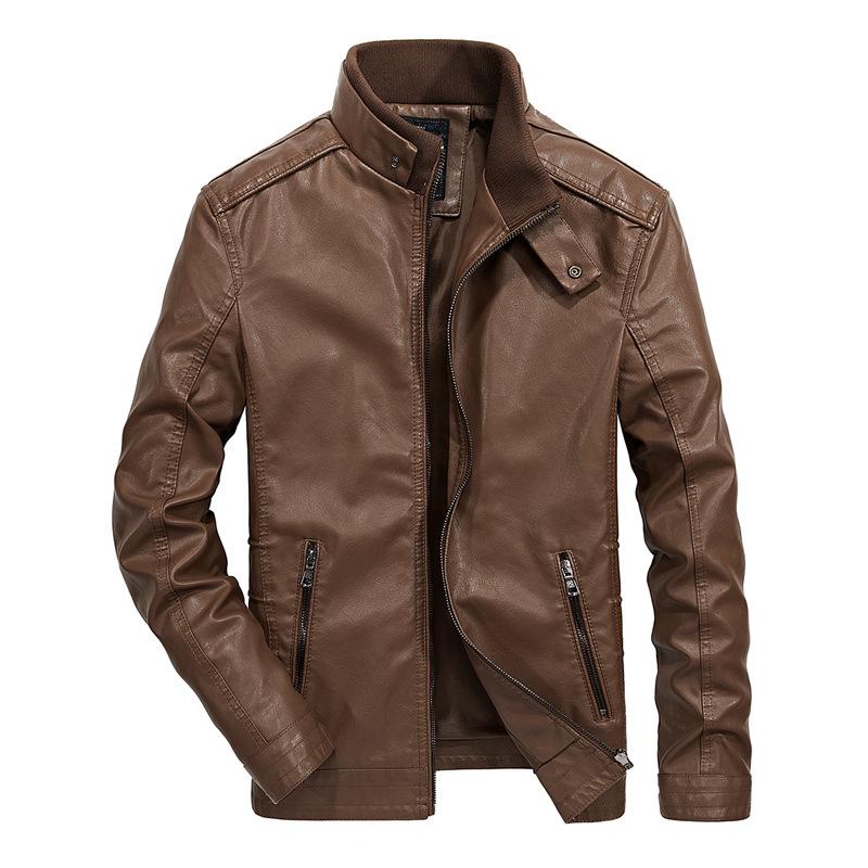 Men's Autumn and Winter New Men's PU Leather Jacket Short Stand Collar Green Motorcycle Leather Jacket