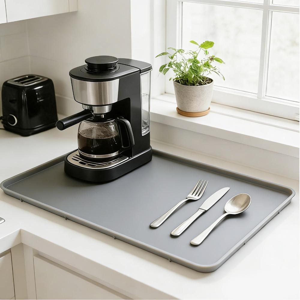 Raised Edges Silicone Coffee Mat Light Gray Coffee Maker Mat Under Espresso Machine