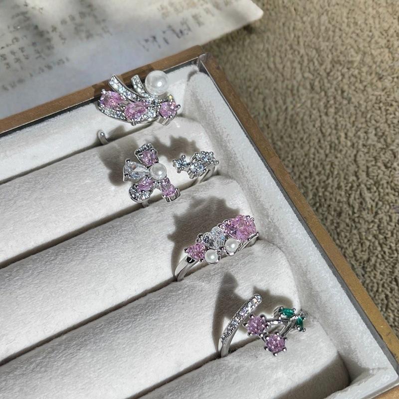 Sweet Pink Diamond Ice Flower Full Of Diamonds Zircon Temperament Flower Opening Ring Niche Design Sense Light Luxury High Sense Ring