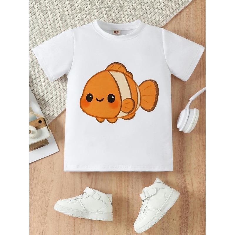 Girls Hand-Drawn Clownfish Print Crewneck Short Sleeve Tee, All Season Casual Gift Top
