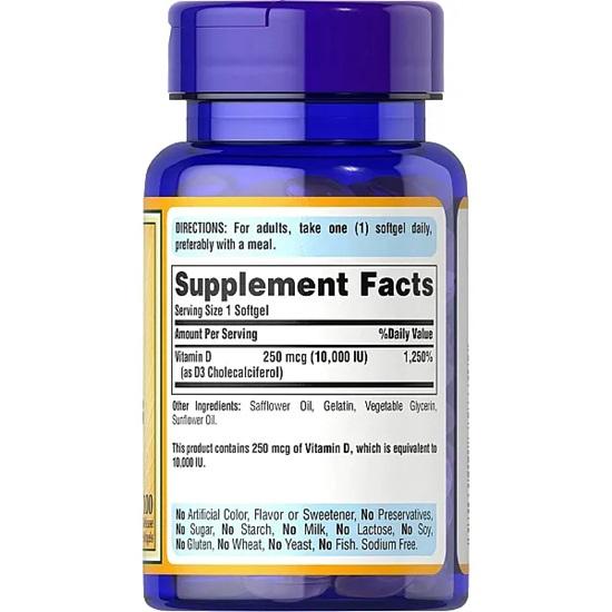 Puritan's Pride Витамин D3 10 000 МЕ, 100 мягких таблеток