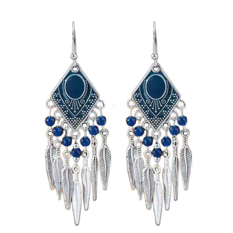 Vintage Ethnic Crystal Drop Oil Dangle Earring for Women Rhombus Leaf Tassel Earrings Vacation Style Jewelry Accessories