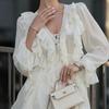 Ruffles Lace Up Dress V-neck Long Sleeved Fashion A-line Dresses Women's Elegant Sweet Chiffon Mesh Dress Spring and Summer
