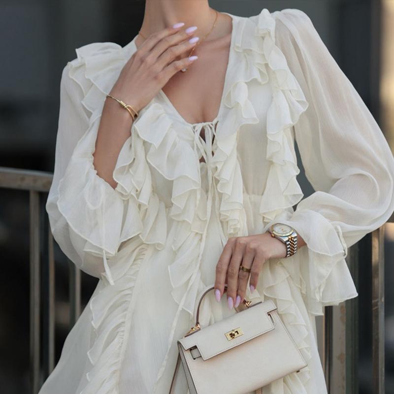 Ruffles Lace Up Dress V-neck Long Sleeved Fashion A-line Dresses Women's Elegant Sweet Chiffon Mesh Dress Spring and Summer