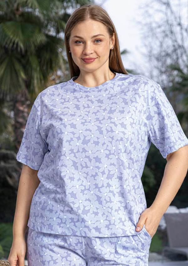 Женская пижама 3XL Хлопковая Короткий рукав Приятная на лето Свободная Шорты Мягкая