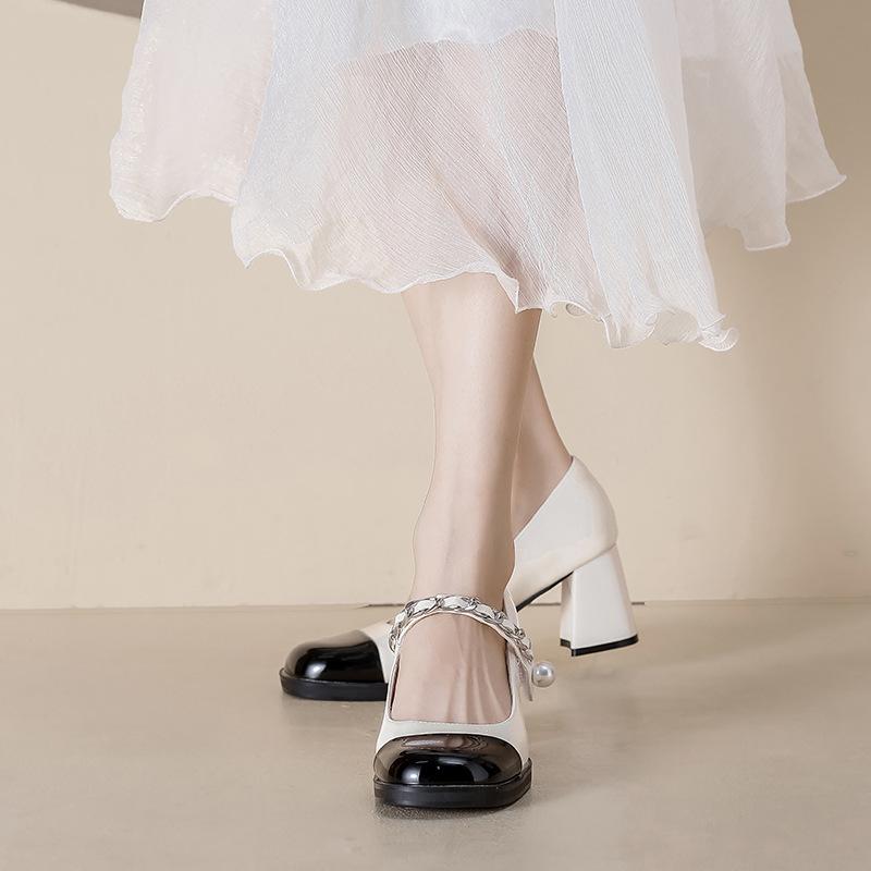 Французские ретро туфли Мэри Джейн на толстом каблуке, цветные, из лакированной кожи, с жемчугом, на толстом каблуке, одинарные туфли, туфли на высоком каблуке для женщин