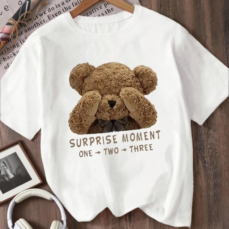 Kids Crewneck Short Sleeve Tee, Cute Bear Covering Face Print Summer Casual Top