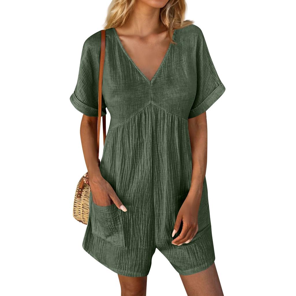 Women's Casual V-Neck Short Sleeve With Pockets Comfort Jumpsuit Shorts