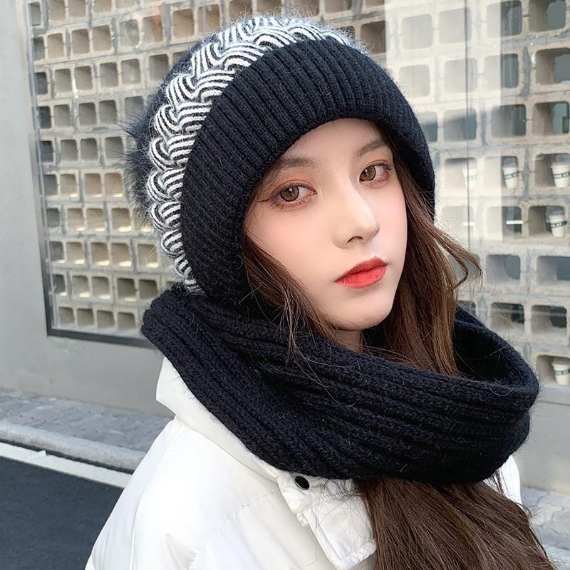 Hat Female Autumn and Winter Warm Knitted Wool Snow Hat Cycling Mother Fashion Ear Protection Headgear Scarf Integrated Hat