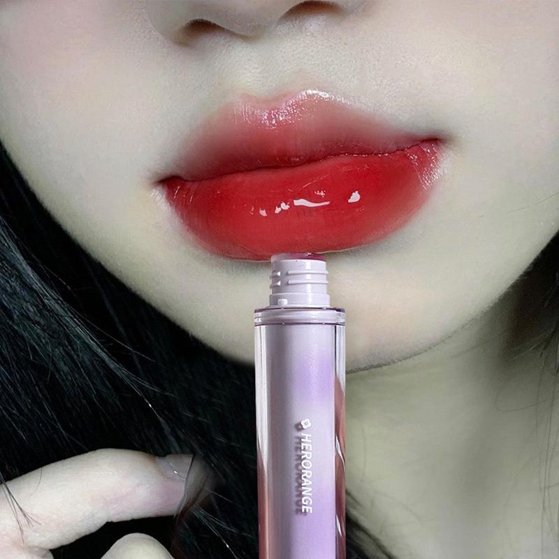 HER ORANGE~Ice Tea Fruit Sense Mirror Lip Glaze Long-lasting Not Easy To Fall Off Into A Transparent Round Tube Glass Lip Gloss Female