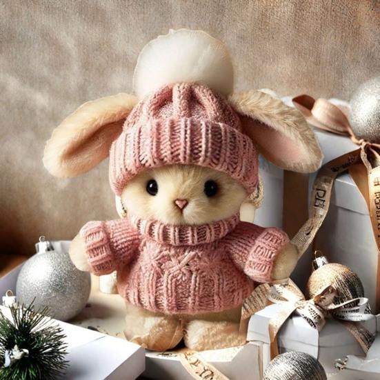 Mini Bunny Hug Easter Gift Plush Stuffed Rabbit Doll with Knitted Hat And Pom Pom Pocket Emotional Support Animal with Gift Box Inspirational Card