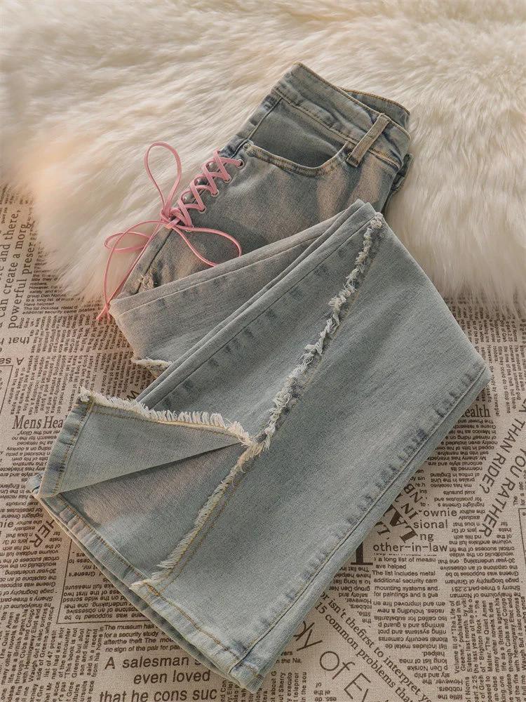 Женские летние расклешенные джинсы с необработанным краем, узкий дизайн с разрезом для миниатюрных 150 см