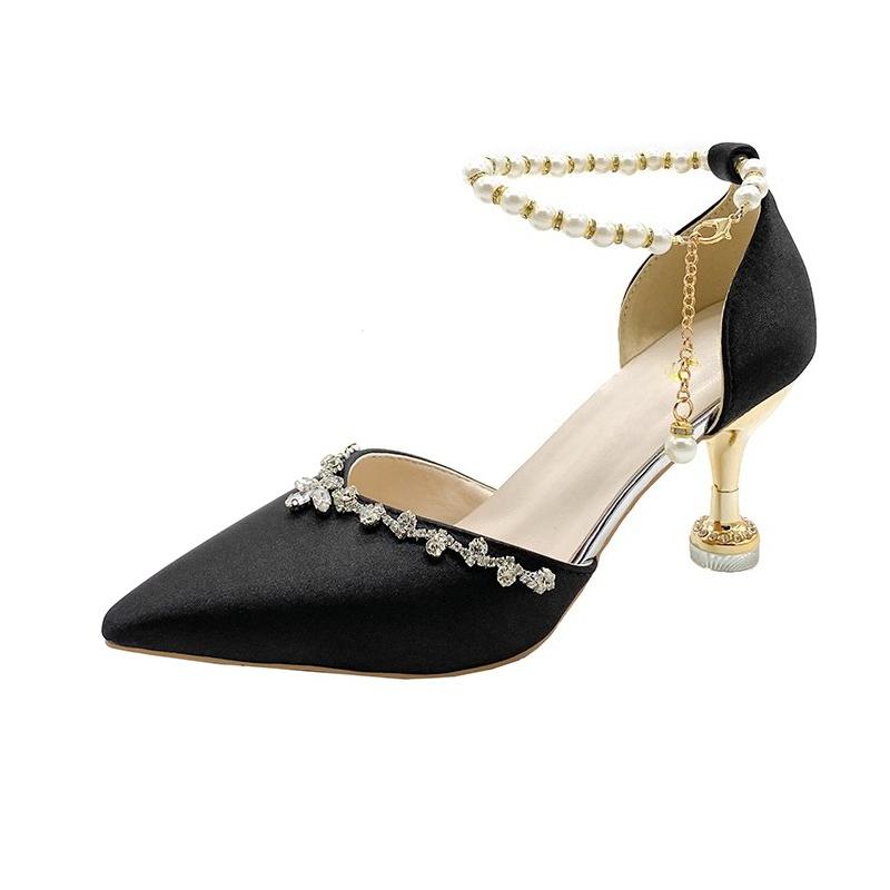 Дизайн модного бренда, туфли-лодочки с ремешком на щиколотке из жемчужной цепочки, женские, лето 2025, сексуальные, с острым носком, на высоком каблуке, вечерние туфли, роскошные, блестящие, свадебные туфли