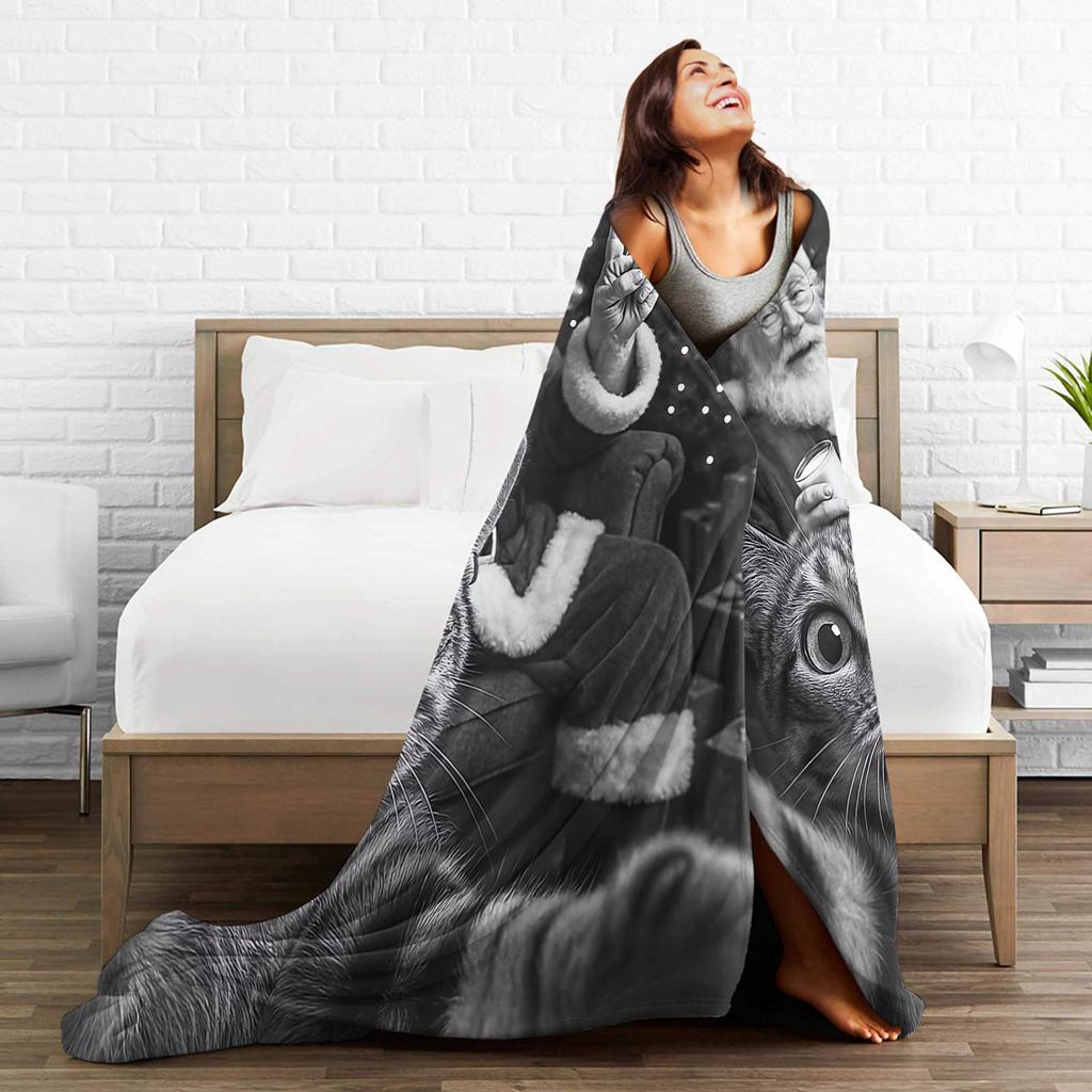 Cat Selfie with Santa Soft Warm Blanket Children Plush Throw Blanket Funny Couch Bed Flannel Bedspread Sofa Bed Cover