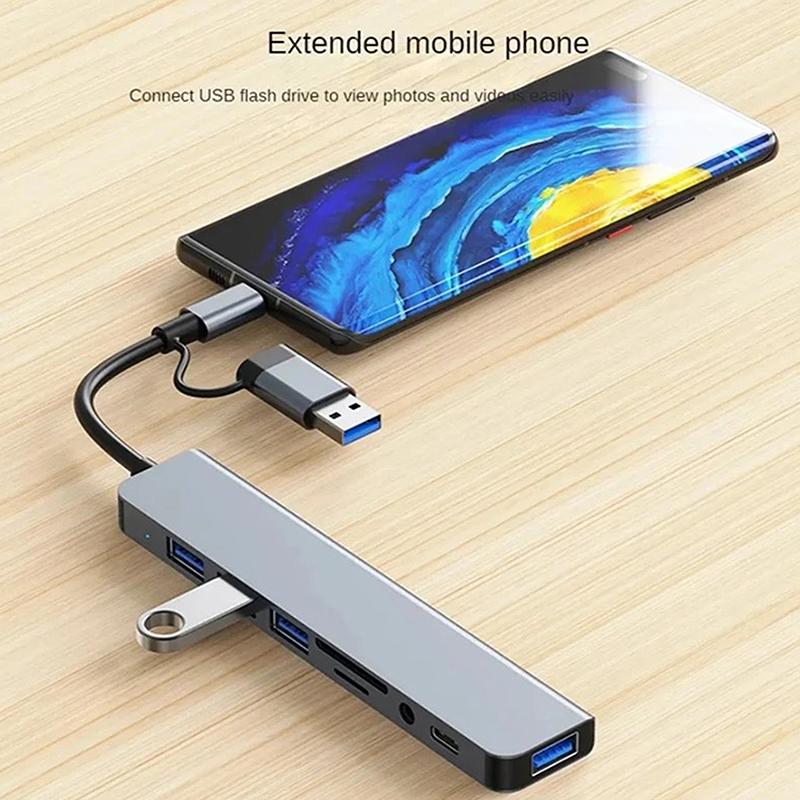 USB C Хаб USB Разветвитель 8 в 1 USB Удлинитель с 4 USB портами 1 портом USB-C Картридер TF/SD Аудиовыход Совместим с Macbook