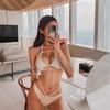Бохо Фестивальный Монокини Бикини Комплект 2-х предметный Купальник Высокая Талия Халтер Push Up Сексуальный Женский Праздничный Принт
