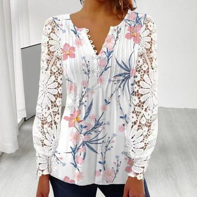 Женская летняя рубашка с v-образным вырезом и цветочным принтом на пуговицах, кружевная строчка, повседневная одежда с длинным рукавом, прозрачная прозрачная футболка весна-лето, женская одежда