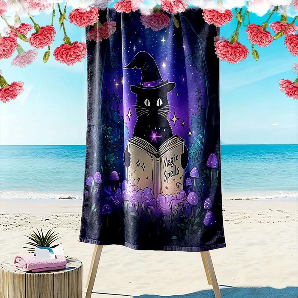 Magic Cat Reading Spell Book at Night Patterned beach towel quick dry perfect for travel outdoor sports jogging the beach and swimming