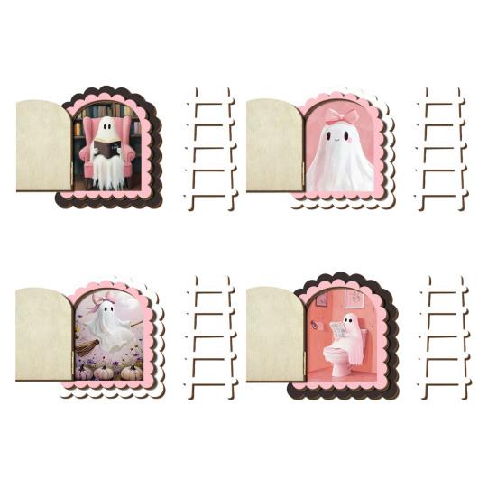 Ghost Shaped Wood Craft Halloween Cute Door Ornaments, Miniature with Ladder, Wooden Ornament 3 Layer Arch for Wall Bookshelf Decoration Eco Friendly