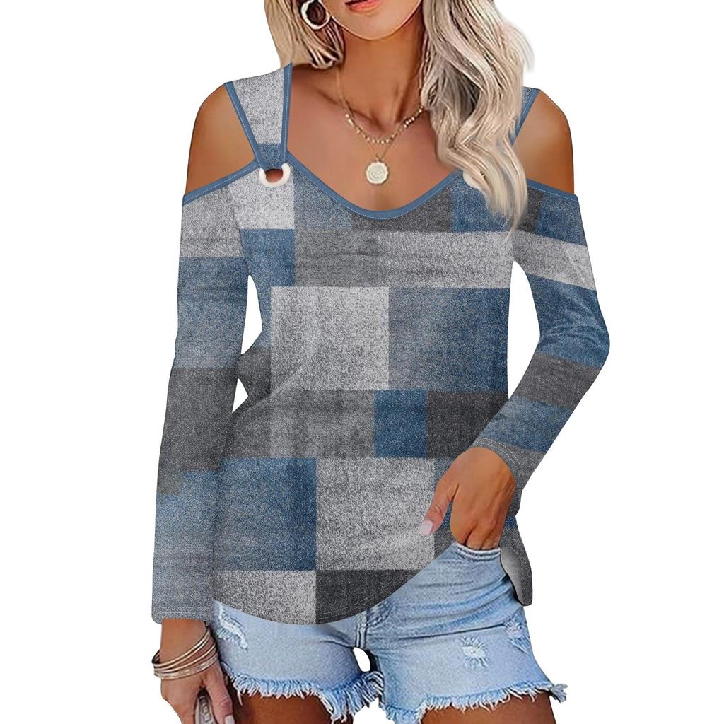Women's Casual Shirt Blouse Print V-neck Sexy Cold Shoulder Long Sleeve Top