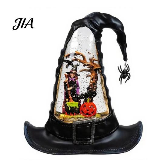 Collectible Halloween Tabletop Figurine LED Witch Hat Lamp, Vintage Gothic Resin Night Light, Faux Decor Crystal Water Glittering Ambiance Table Lamp