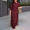 Women's Maxi Dress Turn Down Collar 3/4 Sleeve Shirt Dress Casual Floral Print Slit Long Dress