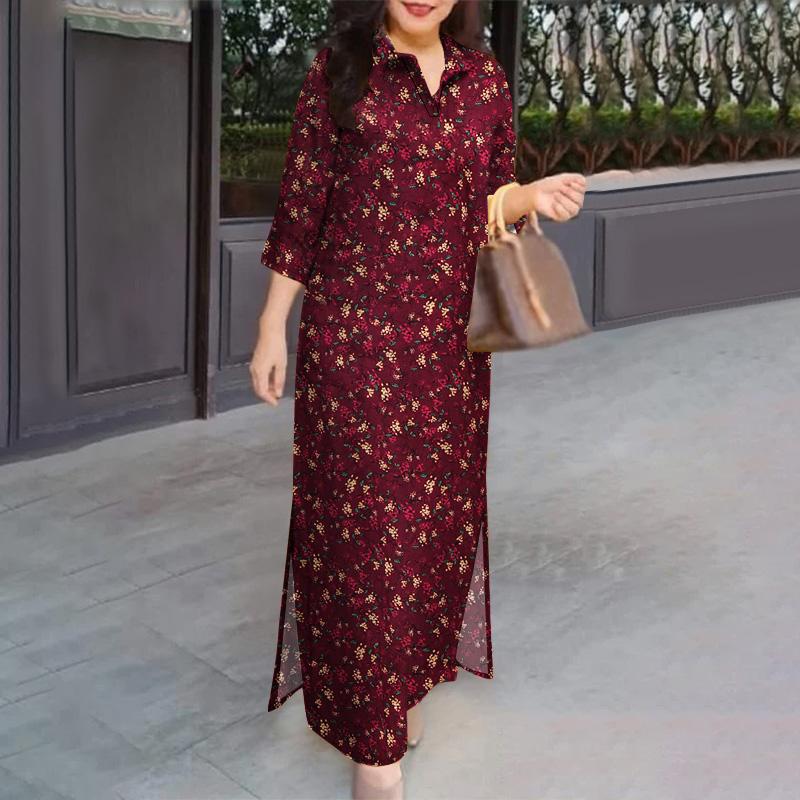Women's Maxi Dress Turn Down Collar 3/4 Sleeve Shirt Dress Casual Floral Print Slit Long Dress