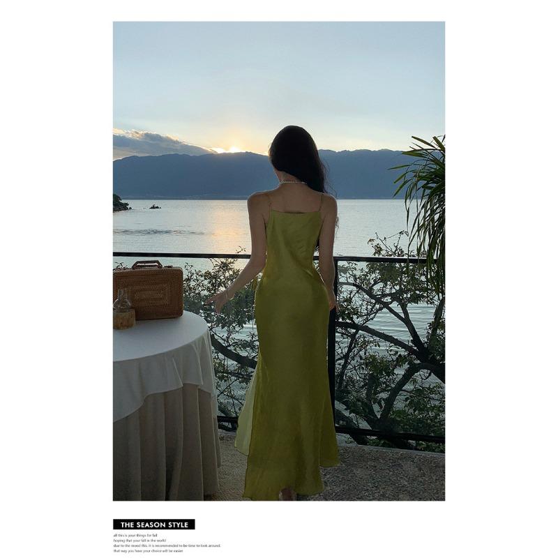 Женские летние элегантные длинные платья с открытой шеей и разрезом, двухслойные длинные платья с лямкой на шее