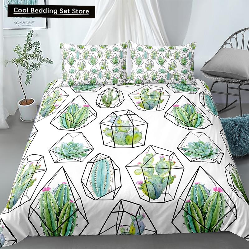 Пододеяльник Cactus King Queen Набор постельного белья с суккулентами для детей, подростков, взрослых Зеленый Ботанический с цветами 2/3 предмета Полиэстеровый пододеяльник