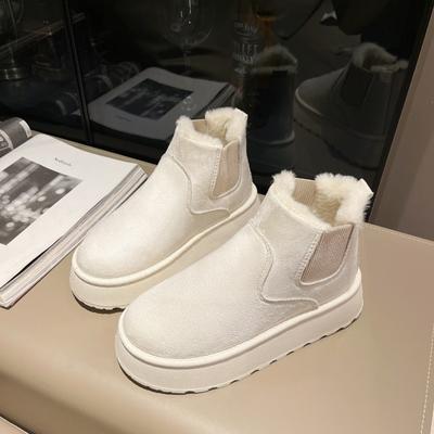 Модные женские замшевые рукава с круглым носком, флисовые нескользящие удобные короткие зимние ботинки, новые зимние ботинки из хлопка на толстой подошве